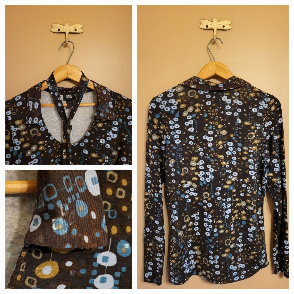 Donna.Brown/blue/olive modern print viscose jersey knit collared shirt. L
